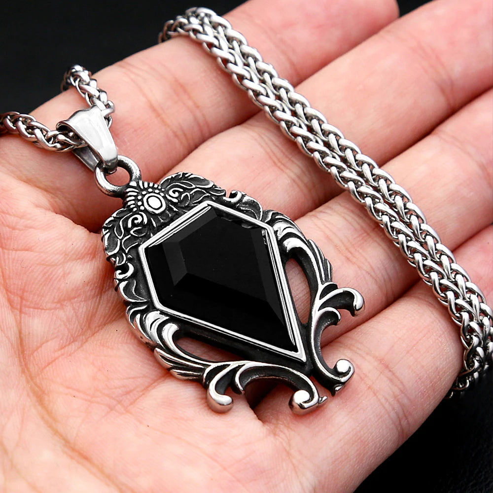 PENDRA Blackstone Vintage Stainless Steel Black Stone Necklace