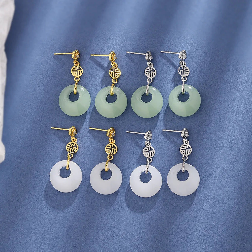 VENTFILLE 925 Silver Gold Color Hetian Jade Earrings for Women Girls Festival Gift Green Round Jewelry Dropshipping Wholesale