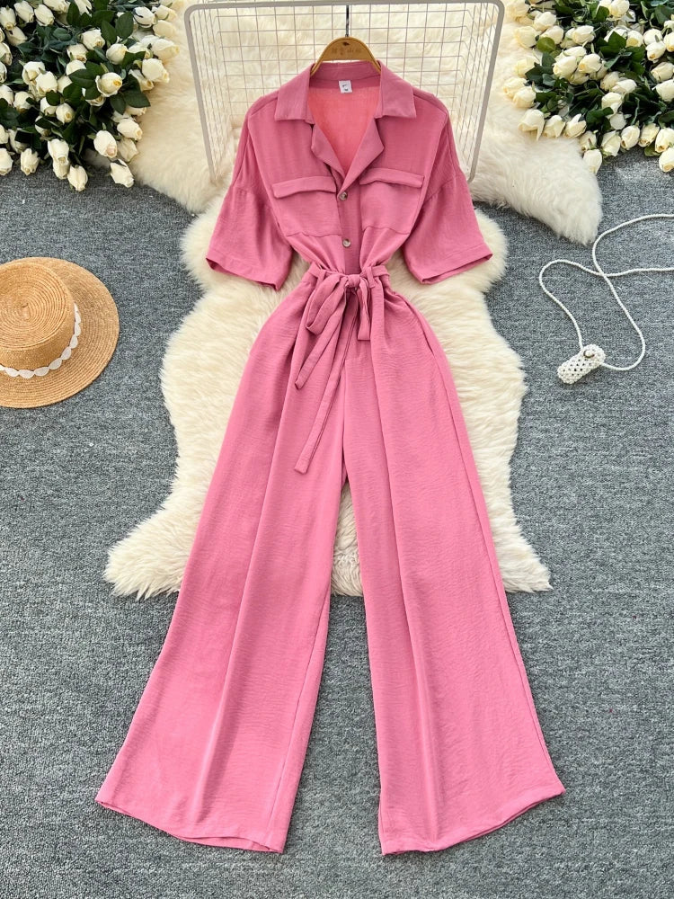 Fashionable casual lapel collar short sleeved cinched waist jumpsuit women's summer new solid color wide leg long pants