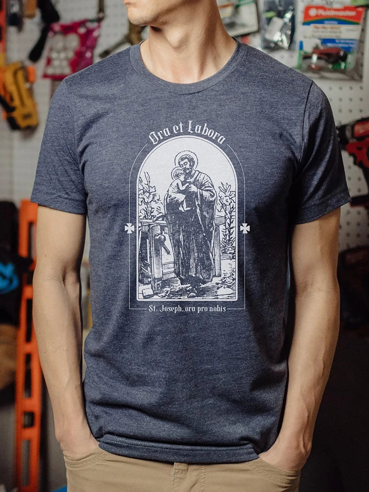 St. Joseph Tee "Ora Et Labora" Latin For "pray And Work" Men's Short Sleeve Tee Catholic T Shirts For Men Men's Casual T-shirt