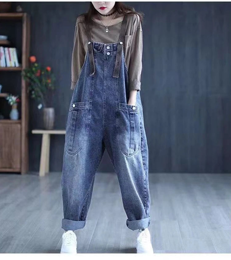 Minimalist jeans overalls women's spring new Korean version loose fit big pocket versatile trendy Harlan casual rompers