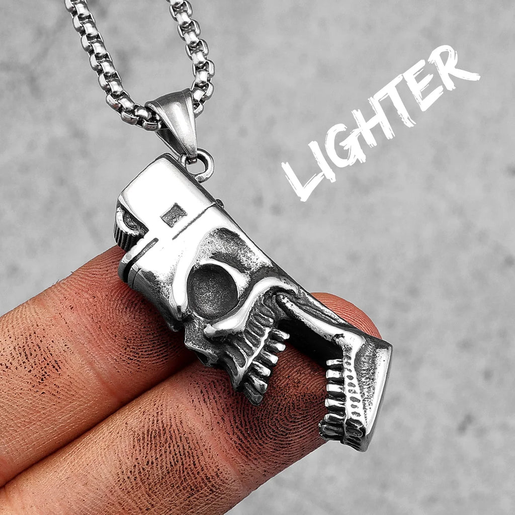PENDRA Skull Lighter Cigarette Steel Necklace