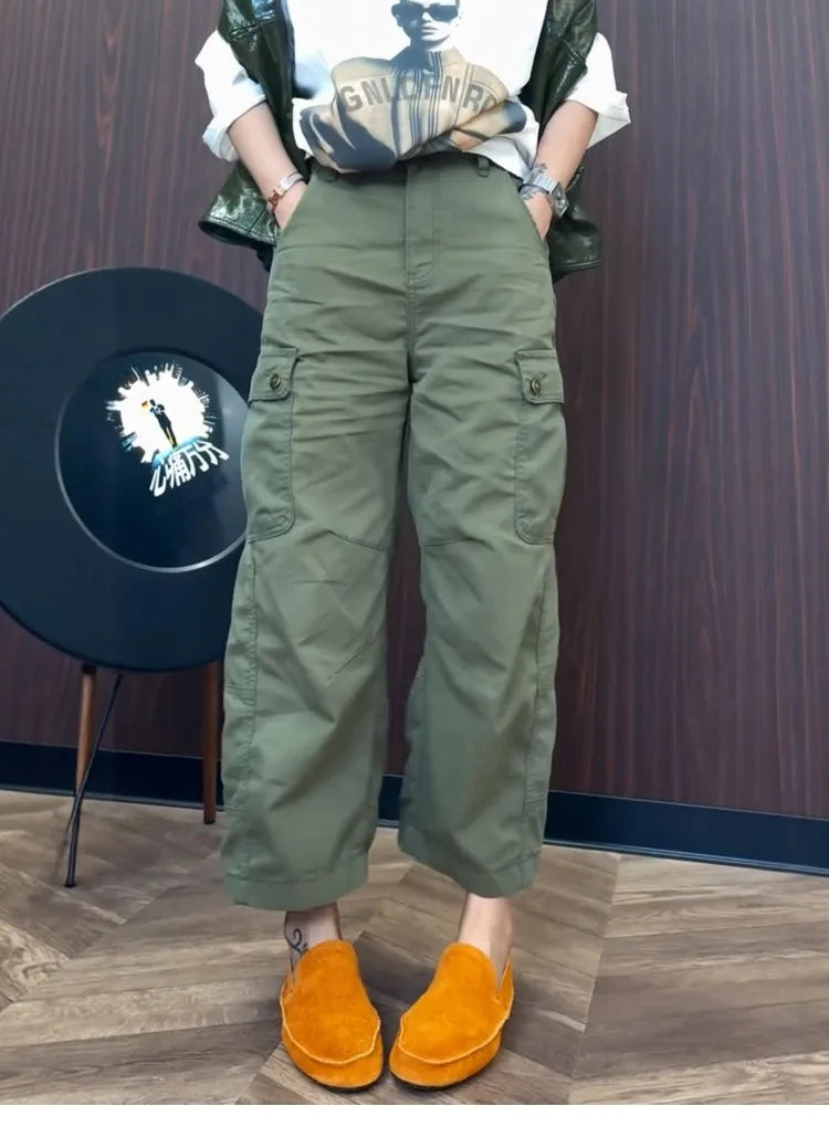 PENDRA Military Green Workwear Wide Leg Pants