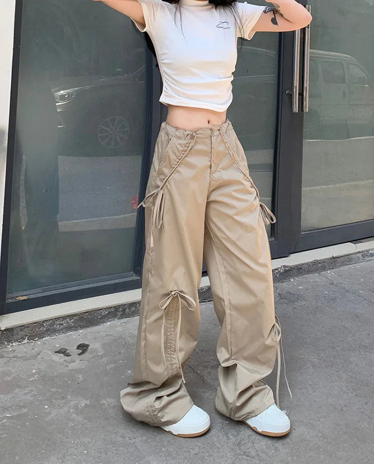 PENDRA Bowtie Wide Leg Drawstring Cargo Pants