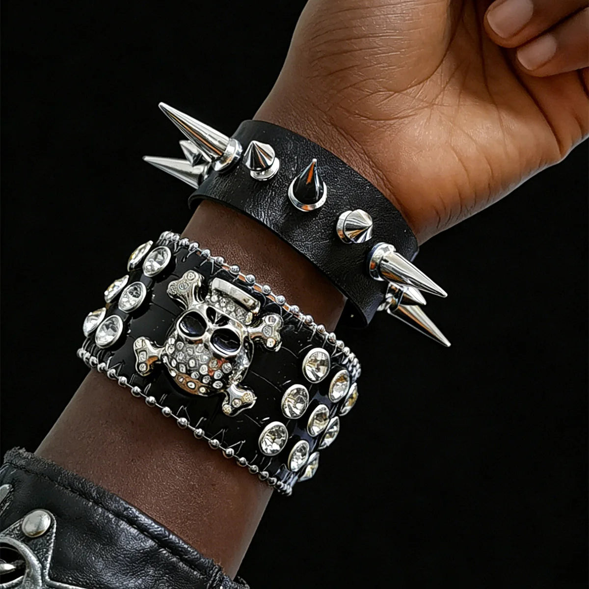 Punk Bracelet for Men Women Set Pu Leather Skull Star Gothic Black Wristband with Metal Spike Studded- Spike Rivets Bangle