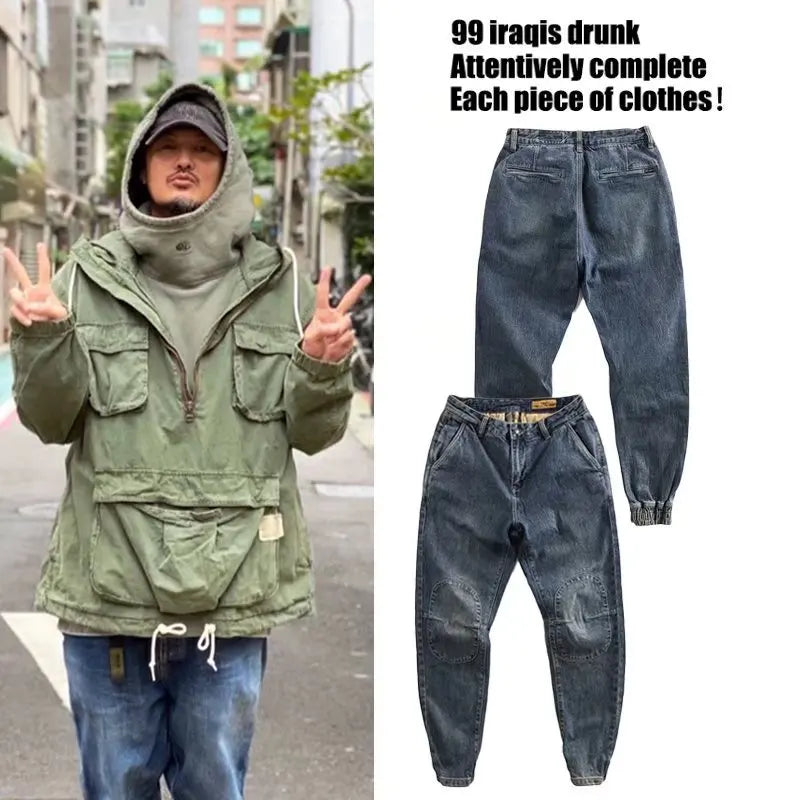 Wholesale 2022 New Hong Kong Style Spliced Ork Clothes Harem Pants Brand Solid Versatile Loose Legged Men Cowboy Baggy Jeans