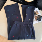 Design sense contrasting color embroidery casual pants women in winter elastic waist straight high waist wide leg pants