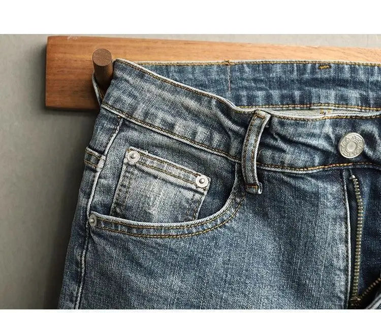 Men's Cropped Jeans Slim Fit Korean Trendy 2026 Spring Summer Blue Youth Trendy High-end Motorcycle Pants Men Man Trousers