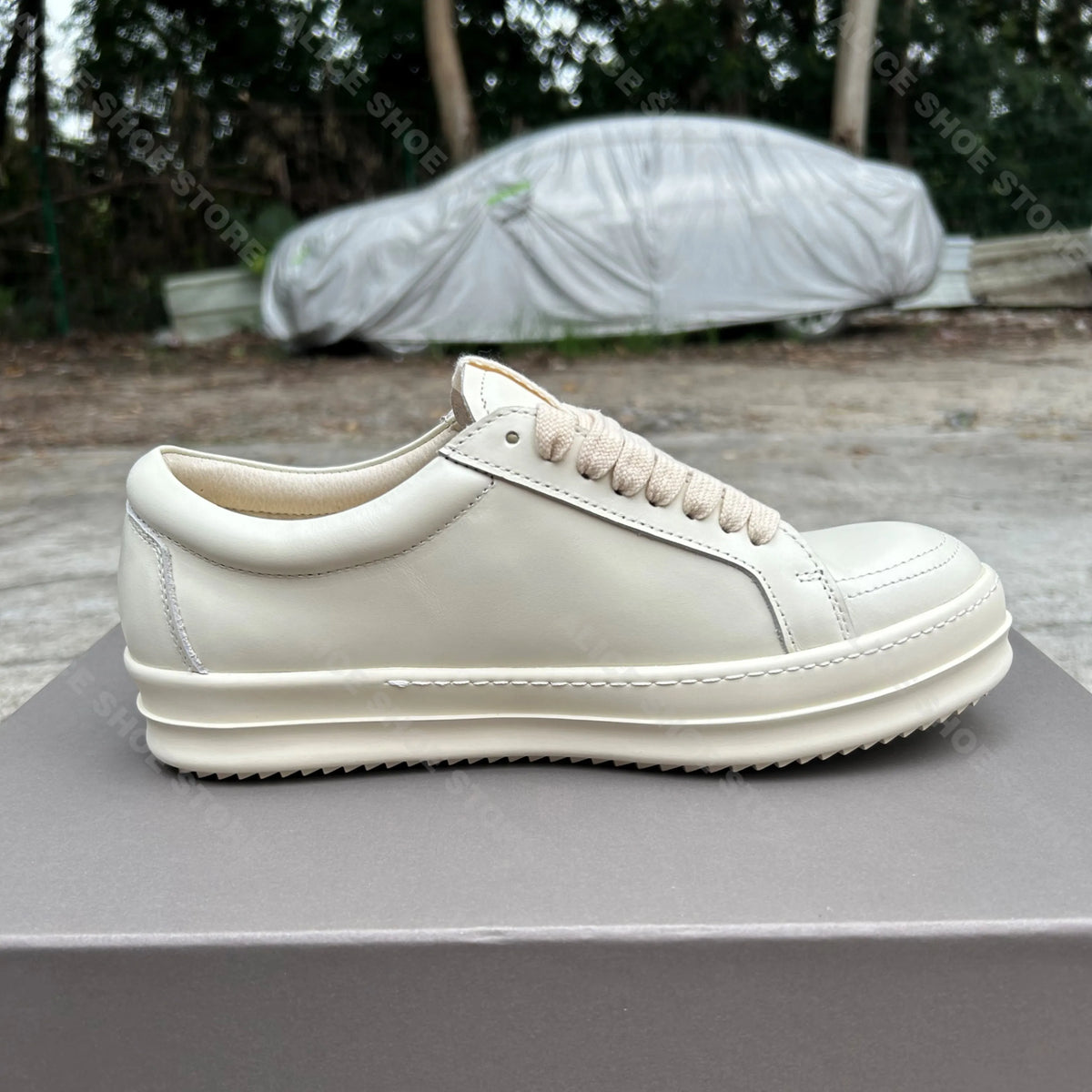 PENDRA Ivory Leather White Leather Low-Top Thick-Sole Platform Sneakers