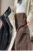 Corduroy cargo wide leg pants women in winter 2025 new high waisted loose fit slimming and ankle tied casual pants