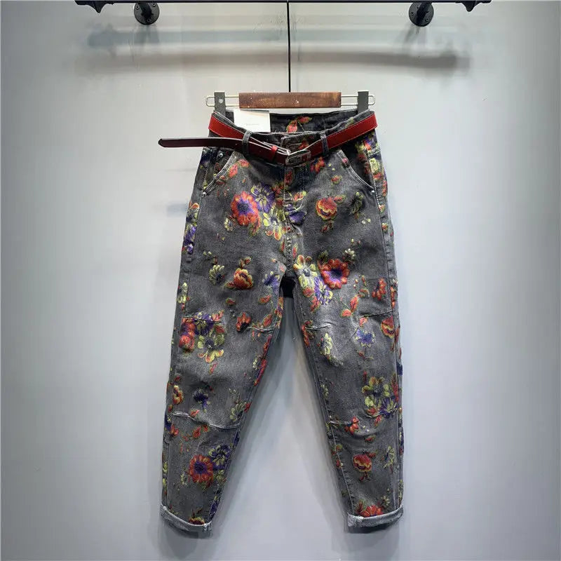 Spring Autumn European Ethnic Style Oversized Printed Jeans Retro Loose Ankle-Tied Harem Trousers Fashionable Denim Pants