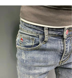 Summer light color jeans men's retro fashion brand embroidery slim fit small feet Korean fashion casual thin nine point pants