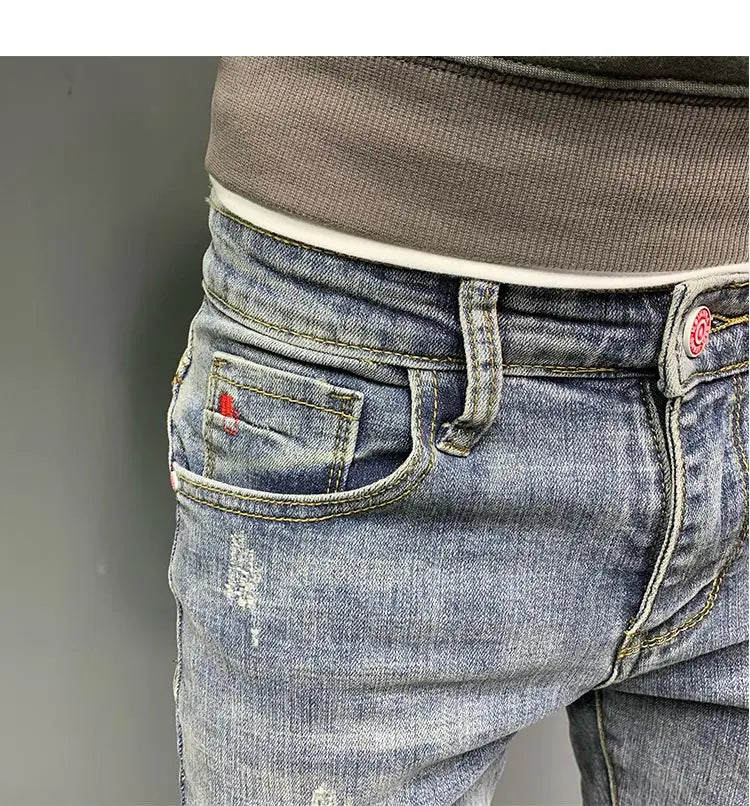 Summer light color jeans men's retro fashion brand embroidery slim fit small feet Korean fashion casual thin nine point pants