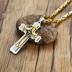 Rock Cross Necklace for Men,Gold Color Stainless Steel Stylish Byzantine Chain,Catholic Crucifix Pendant Collar Jewelry