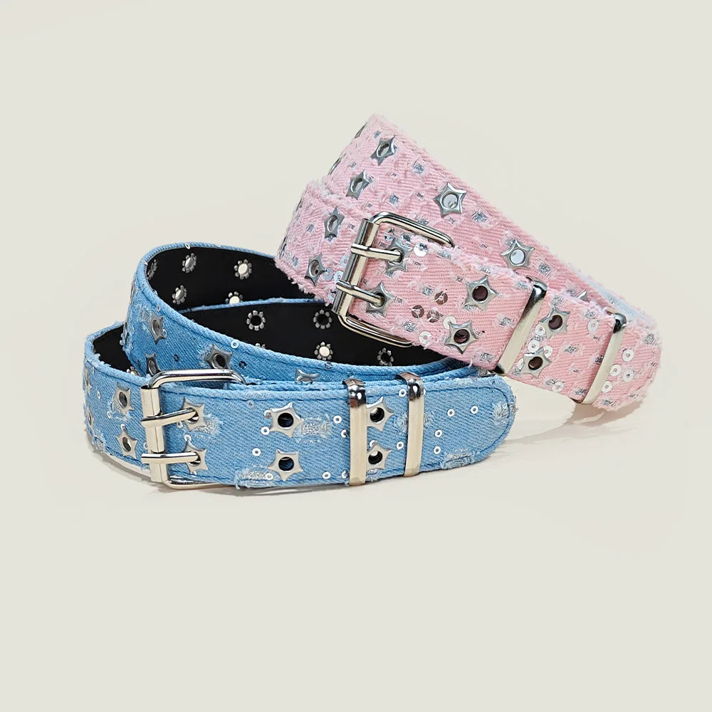 Punk Star Eyelet Denim Fabric Belts For Women High-end Luxury Brand Unisex Jeans Retro Gothic Belt Blue Waistband Y2K Pink Belt
