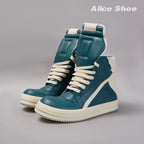 PENDRA Blue Geobasket Blue Leather High-Top Zip Lace-Up Thick-Sole Ankle Boots