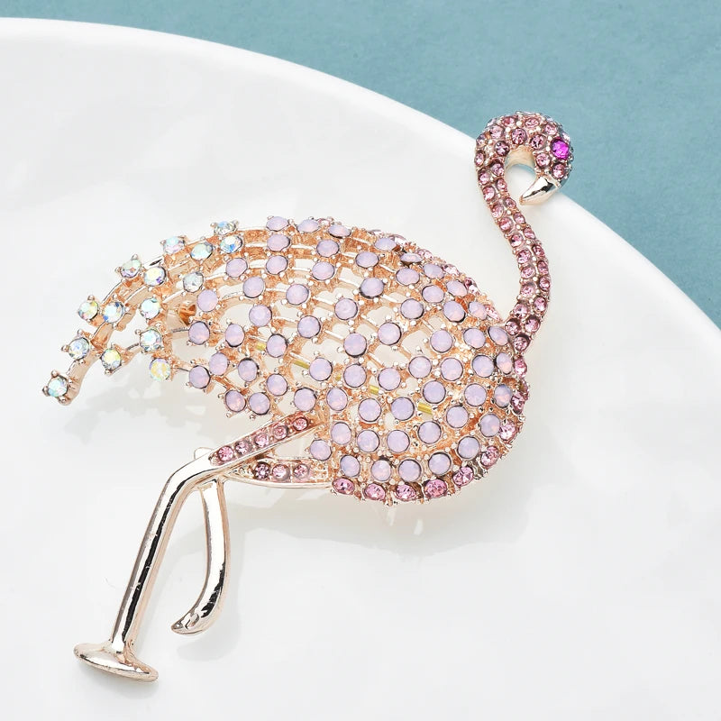 PENDRA Rosy Ostrich Rhinestone Bird Brooch