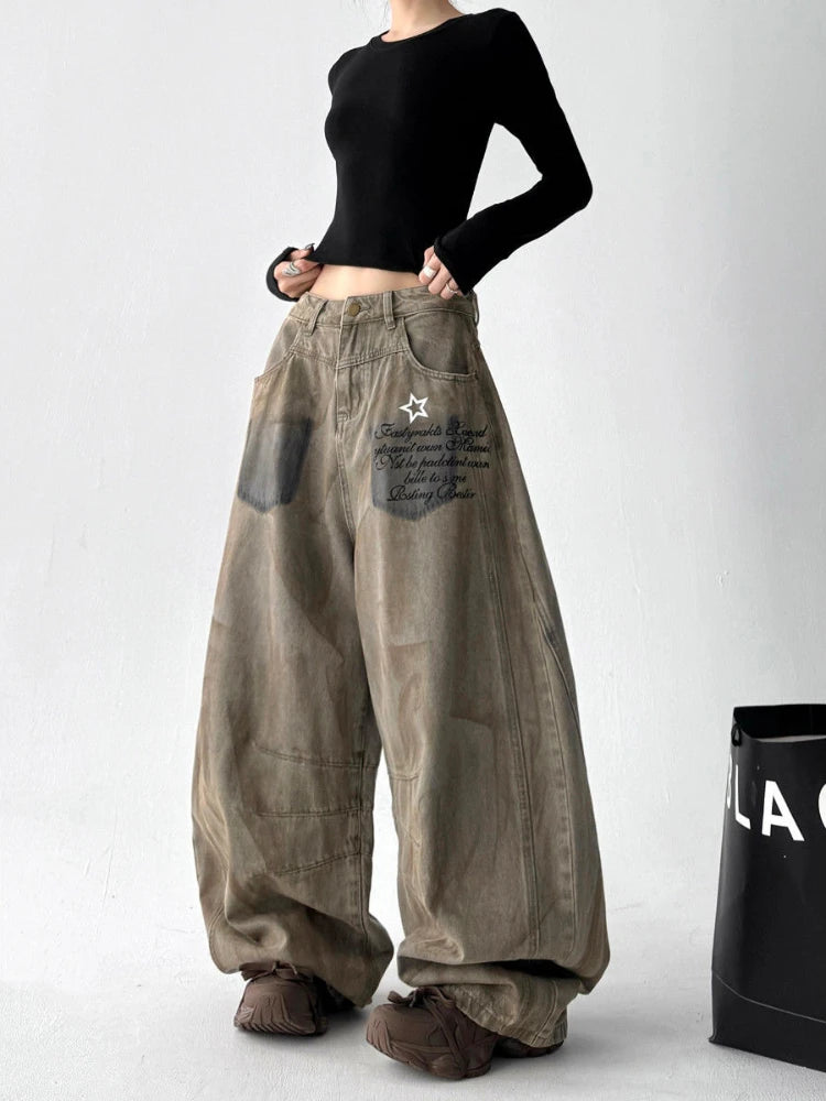 Street dance hip-hop jeans women's 2025 autumn new high waist slimming loose and lazy style casual fashion pants