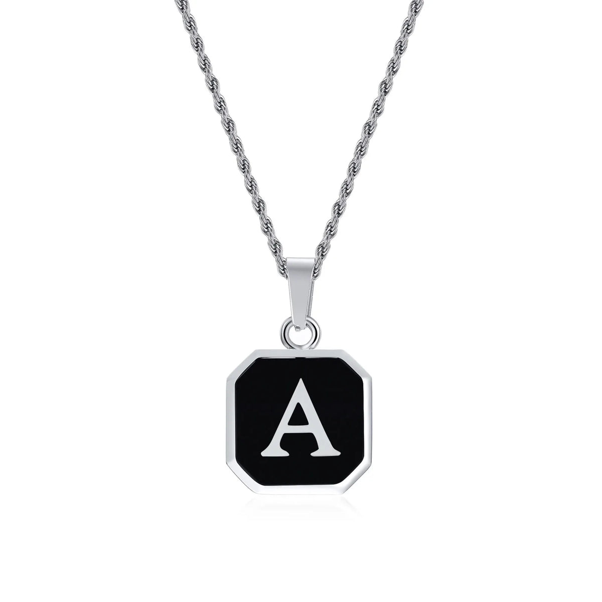 Square A-Z Initial Letters Necklaces for Men Boys,Stainless Steel Geometric Pendant with Box Rope Chain Collar,Gift Jewelry