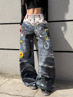 American High-Street 3D Print Design Blue Loose Jeans Y2K Street Trendy Fashion Versatile High-Waist Wide-Leg Pants
