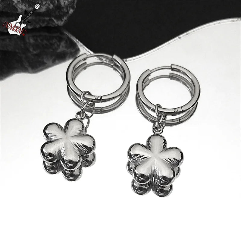 Stainless Steel Y2K Plum Blossom Hoop Earrings for Women Silver Color Aesthetics Flower Hip Hop Earring Jewelry EZZZ796-3S06