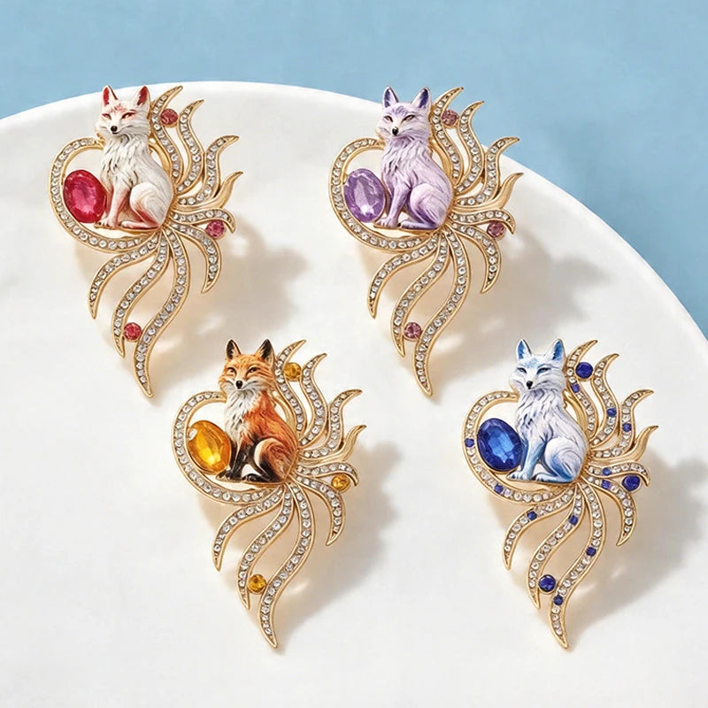 PENDRA Nine-Tail Fox Rhinestone Animal Brooch