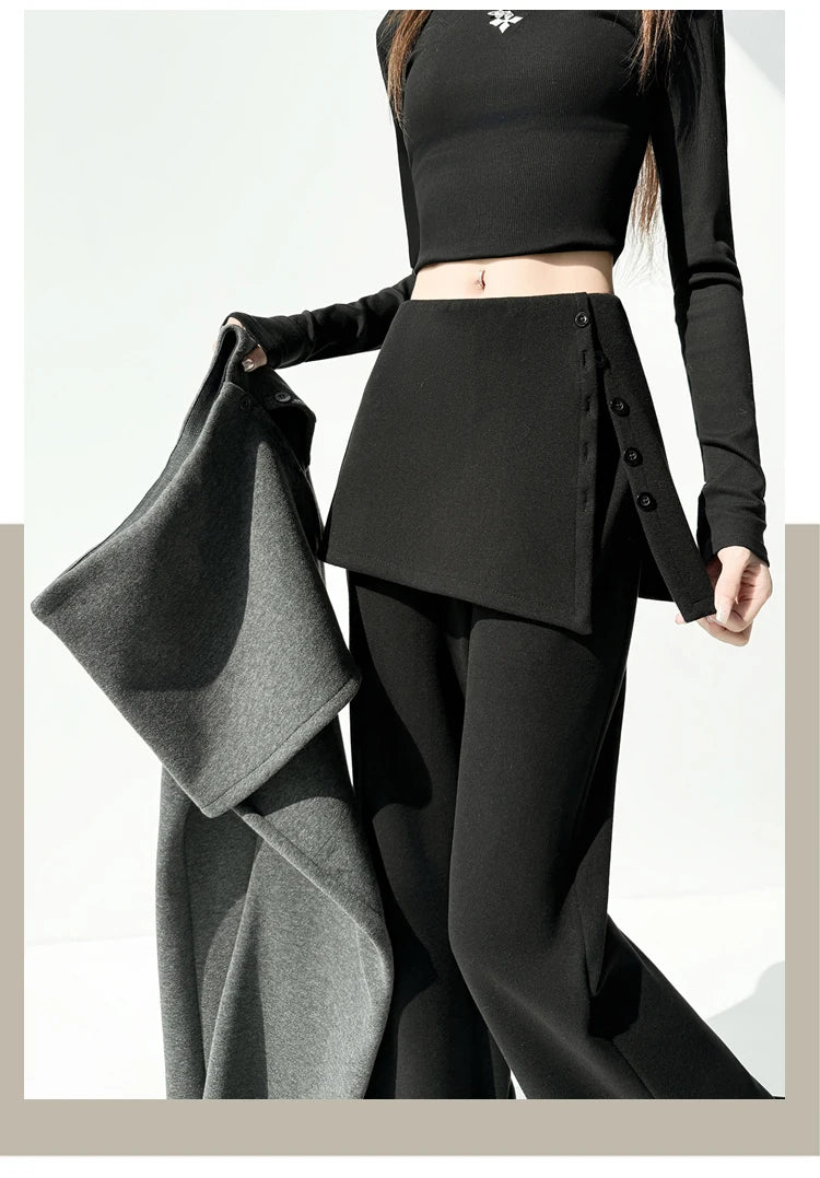 Fake two pieces fart curtain slightly flared pants women autumn winter high waisted buttons slimming floor hugging pants