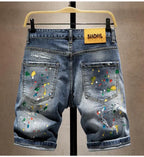 Beggar Ripped Denim Shorts Men's Summer Trendy Brand Ruffian Handsome Ink-splashing Elastic Washed Breeches Thin Short Pants