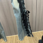 Lace Up Flare Jeans Retro Stitch Lace Whiskers Slim Low Rise Split Bootcut Pants Women Bell Bottoms Streetwear