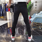 Luxury 2023 Men's High Street Korean Black Jeans with Zipper Distressed Hole Designer Youth Trend Slim-Fit Black Cotton Trousers