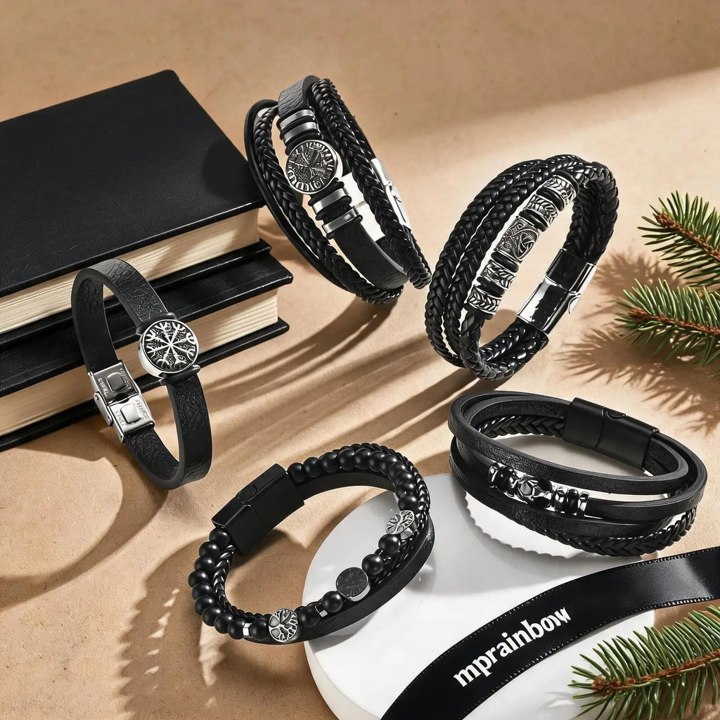 Men Multilayer Braided Leather Bracelets,Vintage Viking Compass Shape Metal Charm Wristband,Punk Stackable Bangle Jewelry Gift