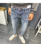Summer light color jeans men's retro fashion brand embroidery slim fit small feet Korean fashion casual thin nine point pants
