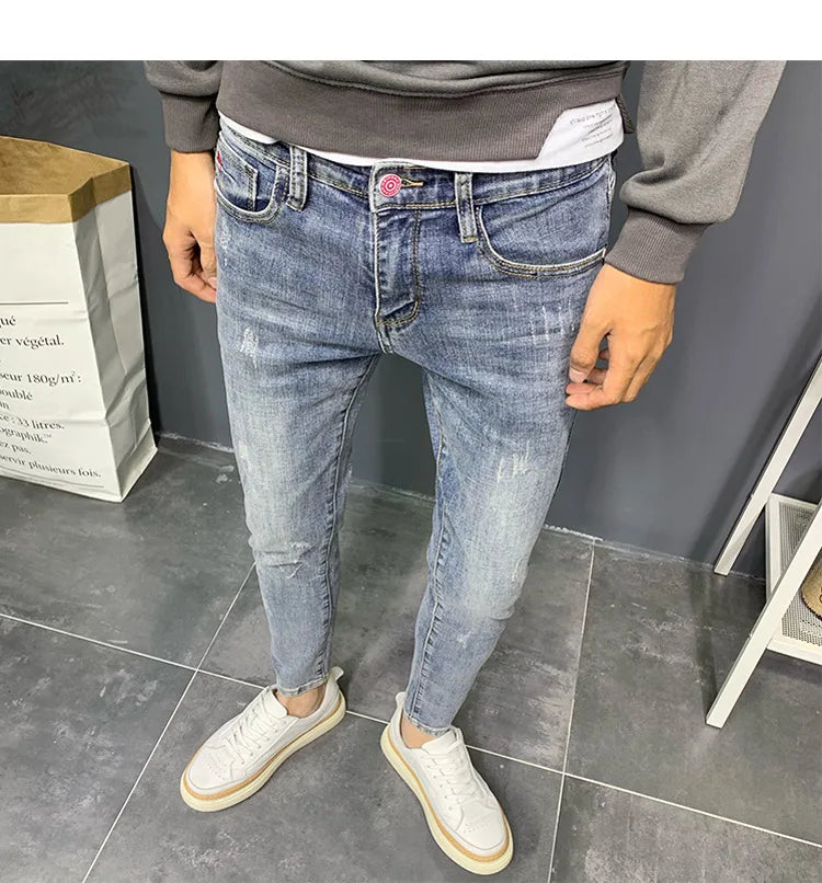Summer light color jeans men's retro fashion brand embroidery slim fit small feet Korean fashion casual thin nine point pants