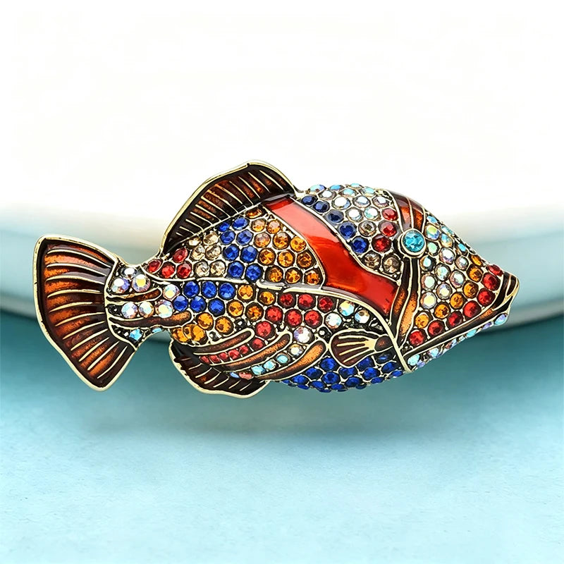 PENDRA Shining Fish Enamel Rhinestone Brooch