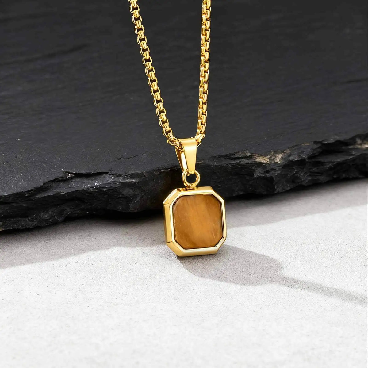Brown Tiger Eye Stone Necklace for Men,Natural Stone Square Stainless Steel Necklace,Christmas  Anniversary Jewelry Gift