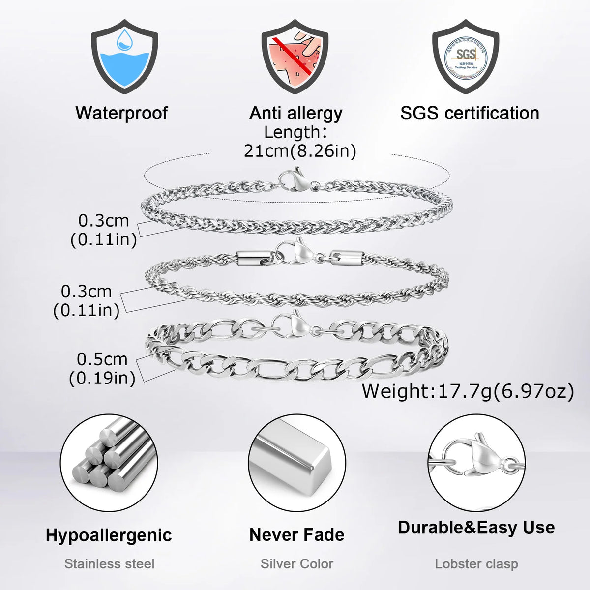 3pcs Silver Color Men's Bracelet,Waterproof Stainless Steel Wheat Chain Bracelet,Simple Casual Jewelry Gift