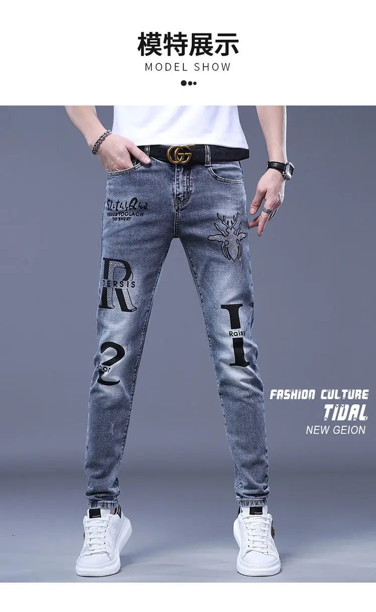 Spring Autumn Harajuku Fashion Art Craft Graphical Paintings 2000s Streetwear Male Slim Boyfriend Stylish Pants Denim Jeans Men