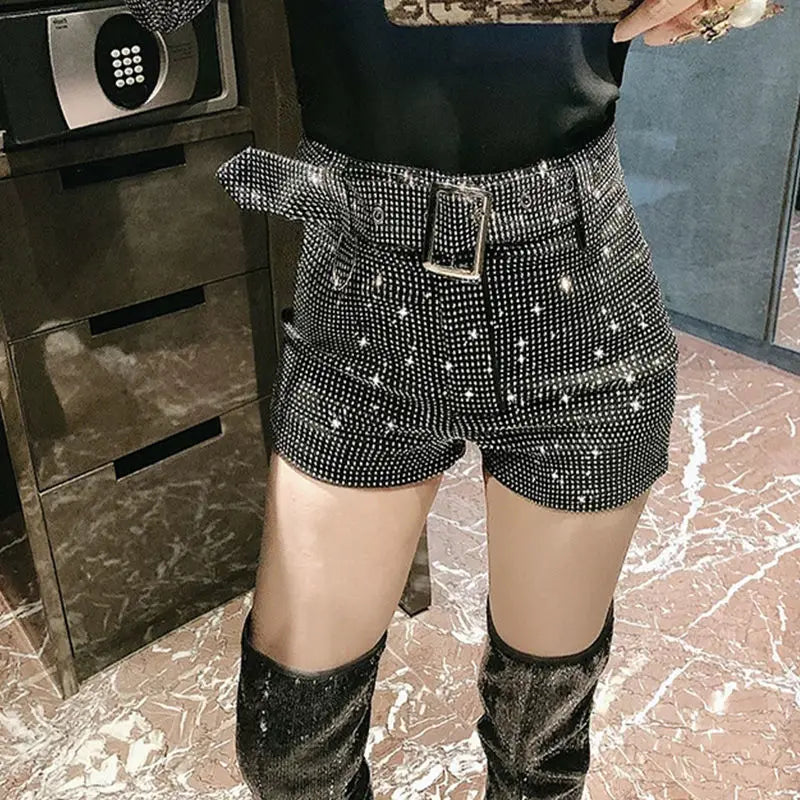 Rhinestone Shorts Women Wide Leg Shorts High Waist Sexy New Fashion Elastic Waist Diamond Casual Hot Pants Female belt