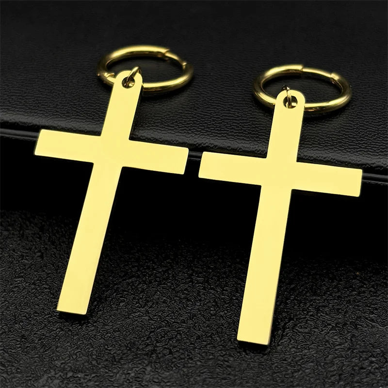 Hip Hop Catholic Cross Hoop Earrings for Women Men Stainless Steel Gold Silver Color Crucifix Statement Earring Jewelry E3476S06