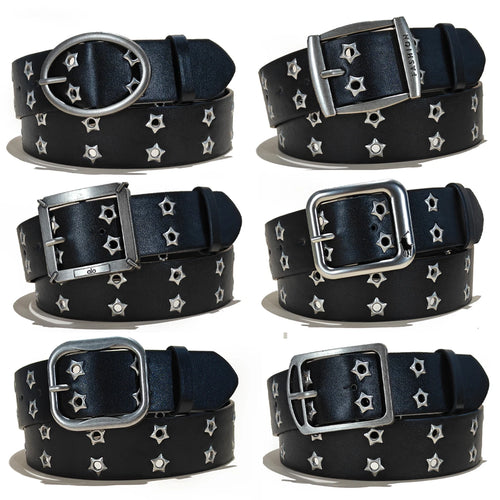 Black Punk Style Belt Adjustable Hollow Star Double Breasted Buckle Metal Buckle Leather Jeans Waistband for Women and Women