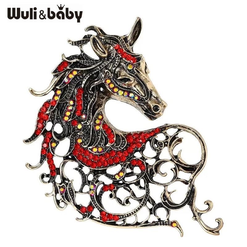 Wuli&baby Vintage Strong Horse Brooches 4-color Rhinestone Zodiac Animal Party Office Brooch Pins Gifts