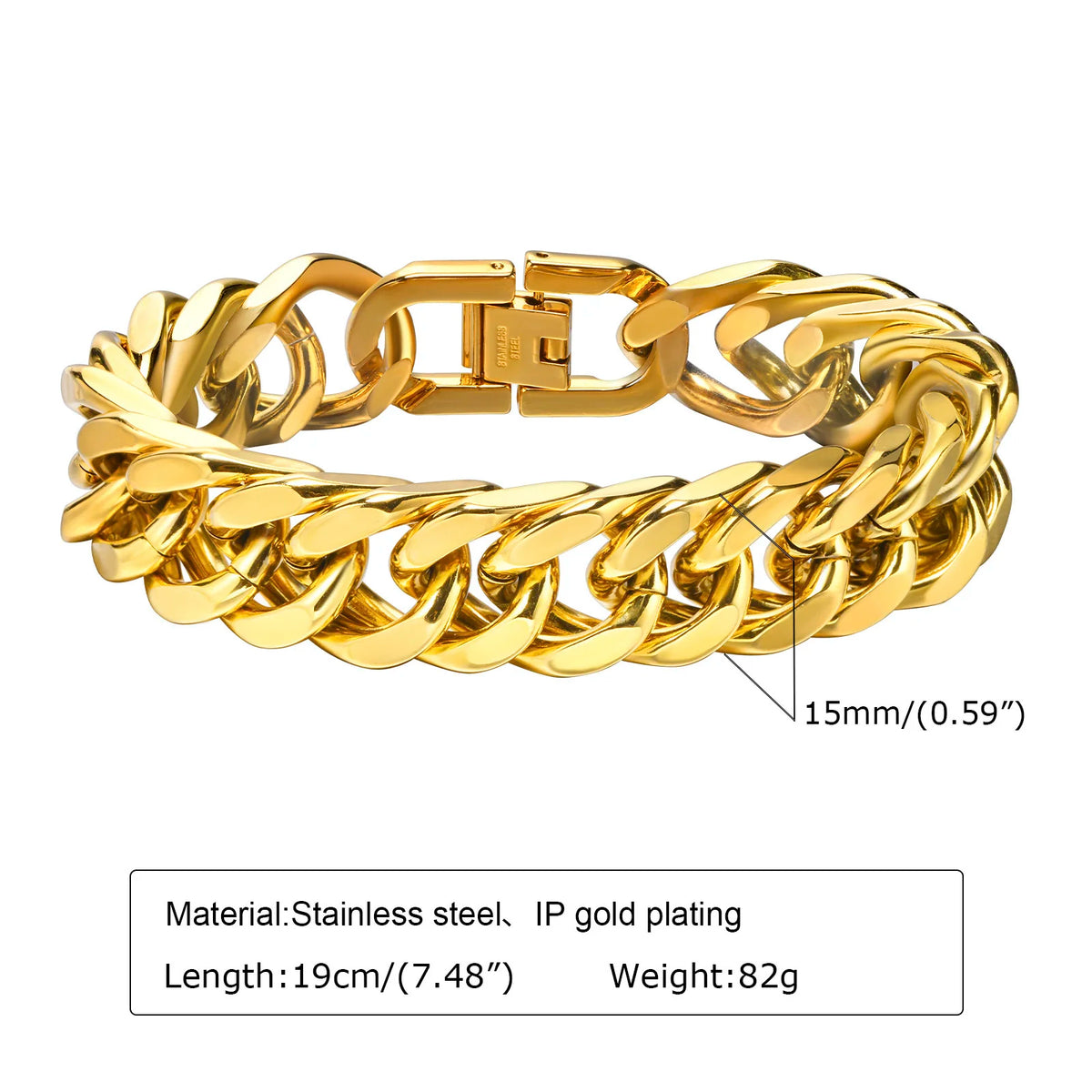 Gold Plated Men's Chunky Chain Bracelet,Stainless Steel Thick Cuban Chain Wristband,Hip Hop Punk Luxury Jewelry Gift for Him