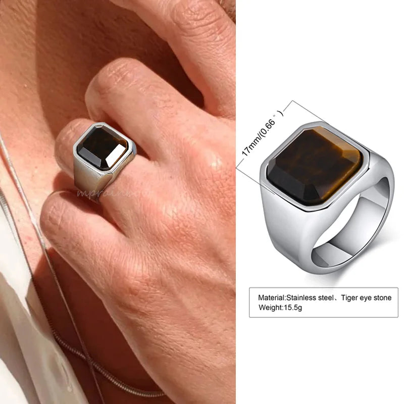 Men Tiger's Eye Signet Rings,Waterproof Stainless Steel Wedding Bands Gift