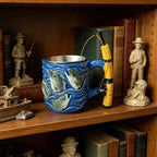 Funny Fishing Rod Handle Coffee Mug 3D Fishing Embossed Stainless Steel Cup for Men Collect Decor Family Ornament Collection