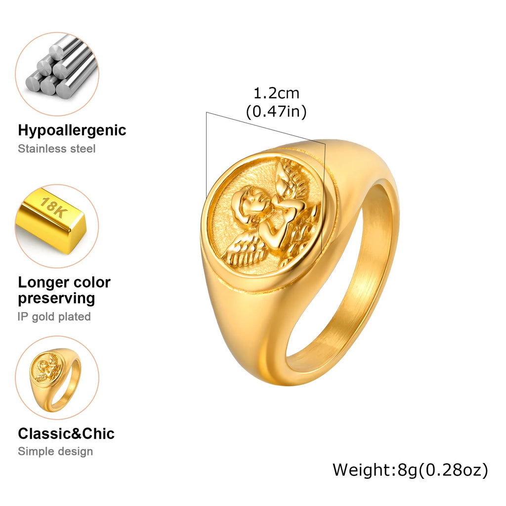 Cupid Signet Ring for Men,Gold Plated Stainless Steel Finger Ring Statement Ring,Punk Vintage Jewlery Gift