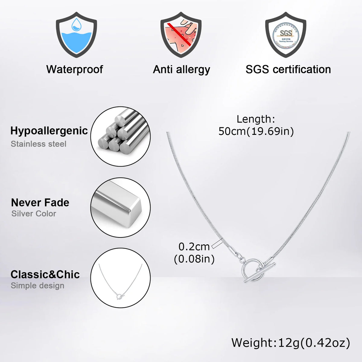 2mm Classic Round Snake Chain Necklace for Men Boys,50cm Toggle Chain Link Collar,Simple Easy Clasps Chains