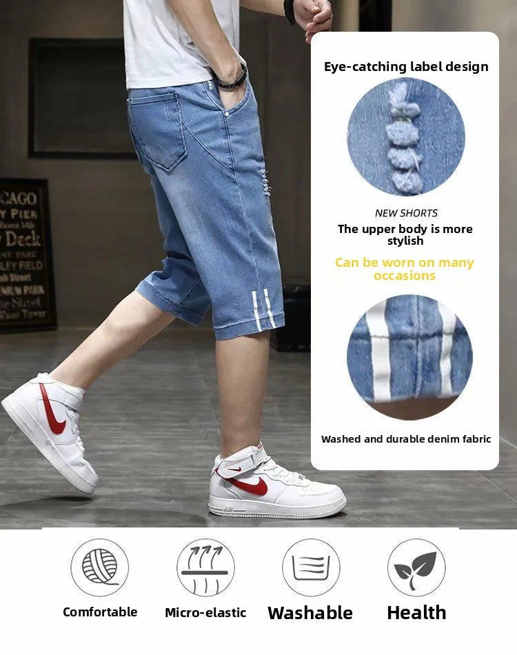 Clothes Y2k Man 2000s Summer Thin Stripe Men's Loose Casual Shorts Korean Denim Luxury  Elastic Waist Knee Pants Black Jeans Man