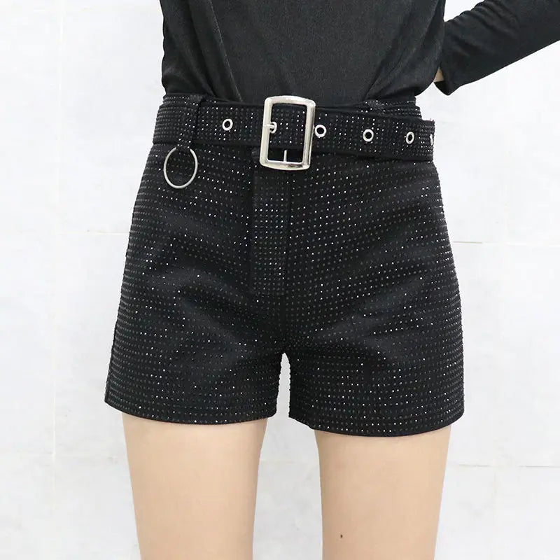 Rhinestone Shorts Women Wide Leg Shorts High Waist Sexy New Fashion Elastic Waist Diamond Casual Hot Pants Female belt