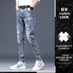 Hot Sale Men's Luxury Jeans Streetwear Denim Pants Punk Distressed Hole Tiger Embroidery Patches Stretch Skinny Ripped Trouser