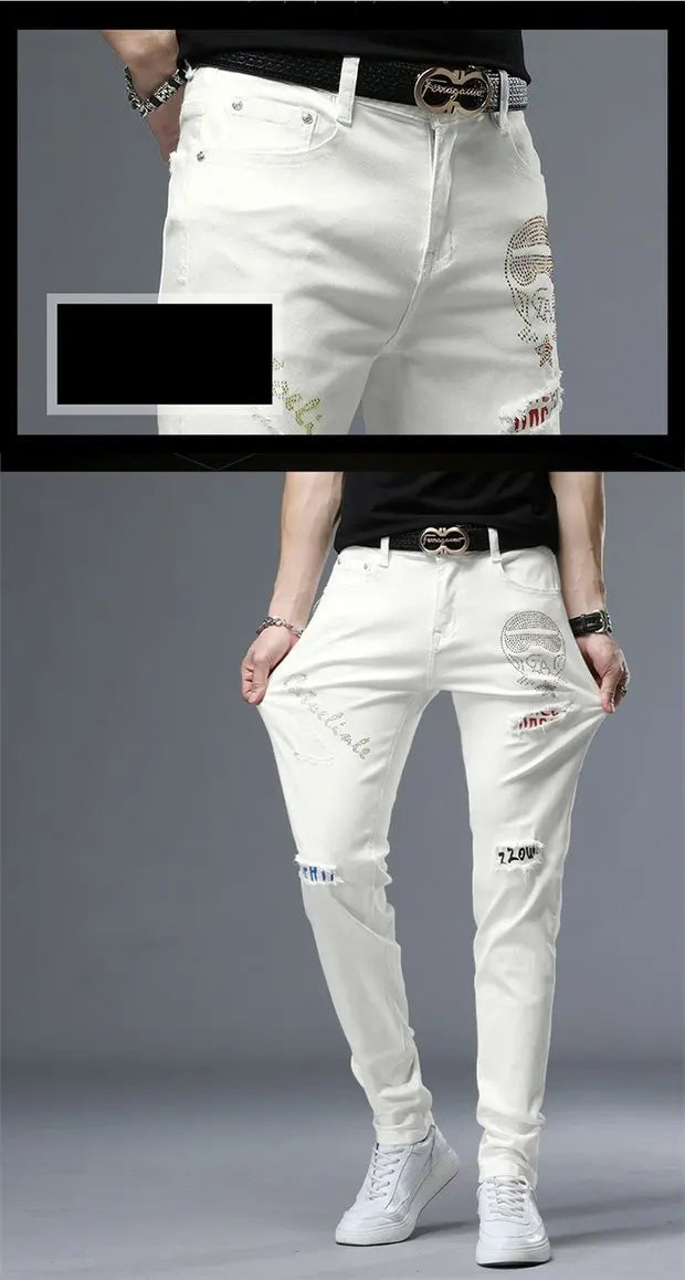 Spring Summer White Hot Drill Ripped Cowboy Korean Style Streetwear Men Washed Luxury Holes Slim Hip-hop Stylish Jeans Trousers